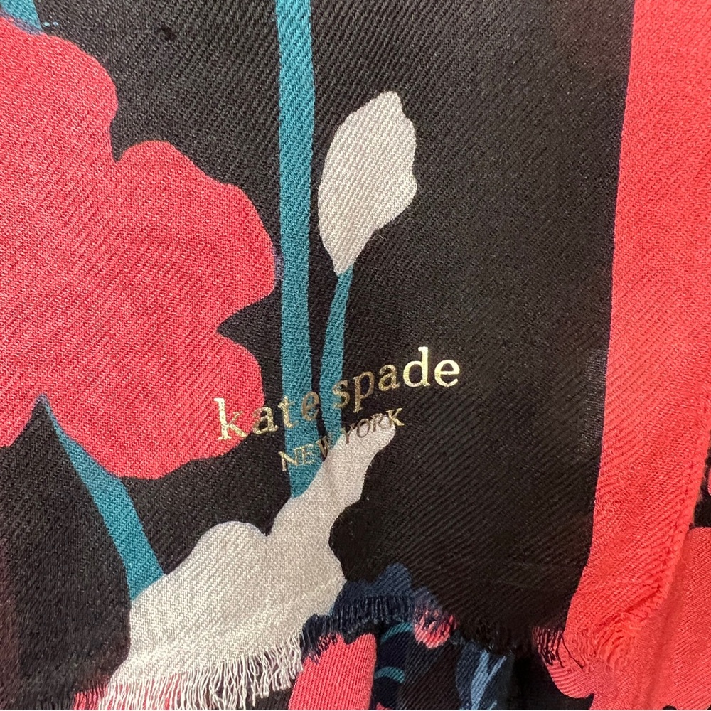 Kate Spade Viney Floral Scarf Black Coral Pink Green Blue Shawl - Picture 8 of 10